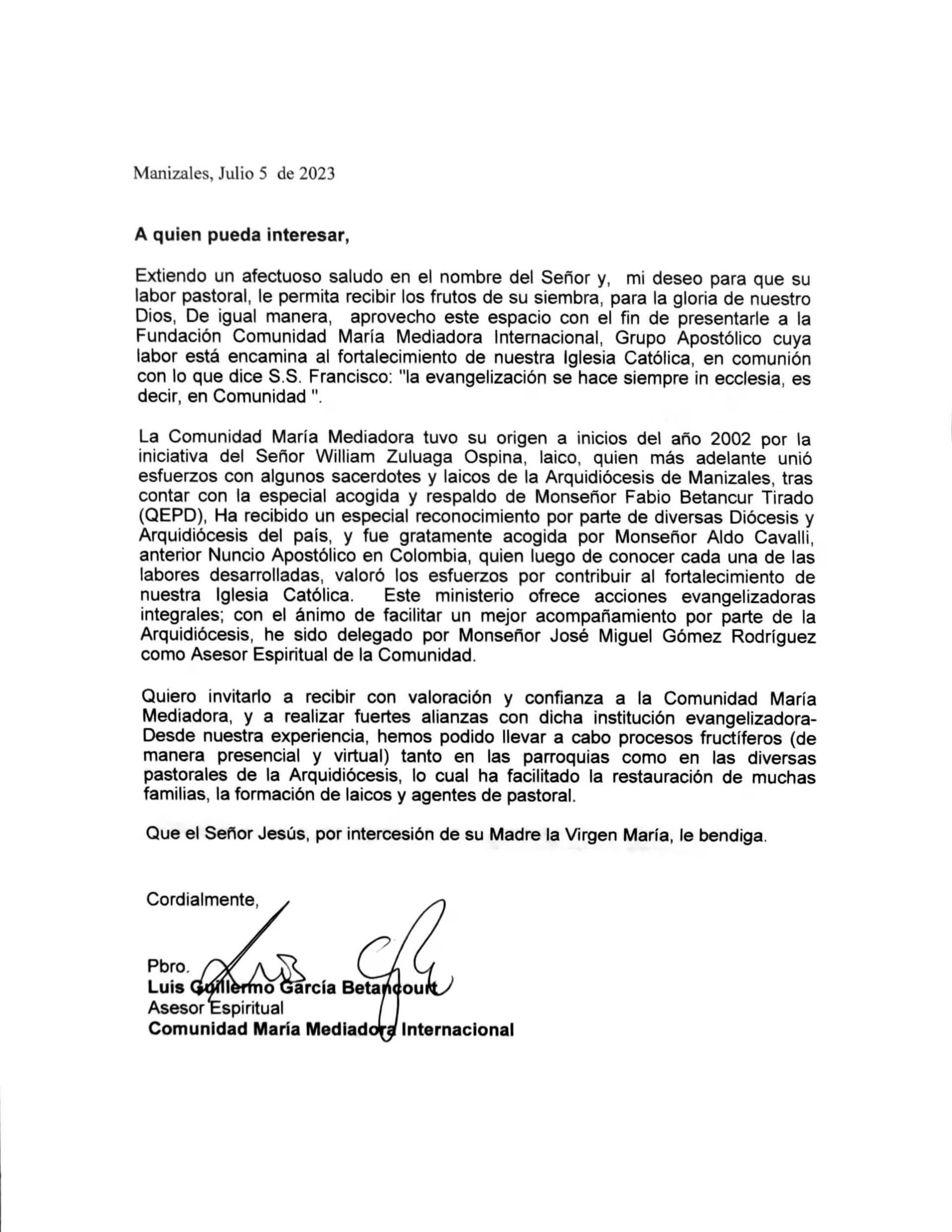 Carta para Obispos y Arzobispos